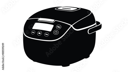 Minimalist black silhouette of a modern multi-cooker or rice cooker appliance shown from an angled perspective on white.