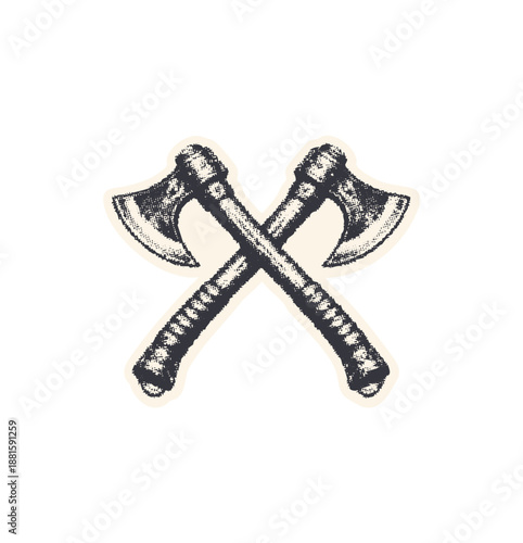 Crossed Vintage Axe Illustration Hand Drawn Grunge Tool isolated on transparent background, generative ai