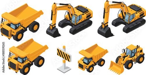 Isometric construction machinery vector illustration set showing dump trucks excavators wheel loader and road barrier equipment isolated on white background for industrial design