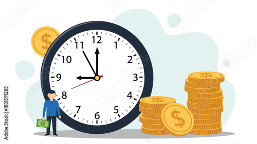 Financial time management concept shows a man with cash standing next to a giant clock and tall stacks of golden coins.