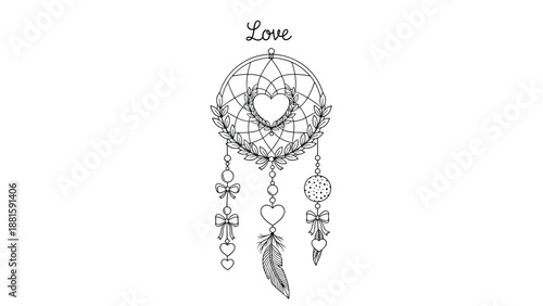 Delicate black and white line art of a dreamcatcher features a heart in the center and Love text written above the hoop.