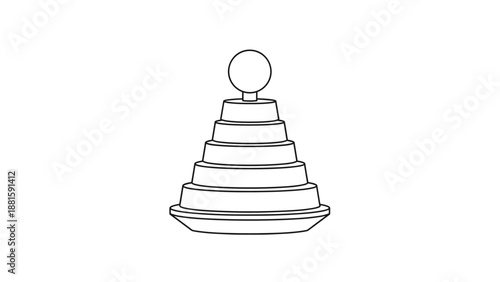 Simple black and white outline drawing of a classic stacking ring toy for babies features a base and graduated rings.