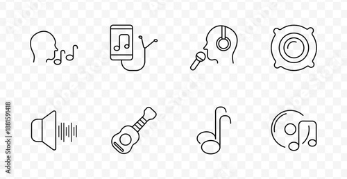 Music set icon. Singing face, device with music cable, singer with headphones, speaker, sound wave, guitar, note, vinyl with notes, all in audio visual style.