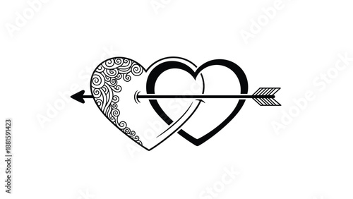 Symbolic representation of romantic love depicts two interlocking hearts with a decorative pattern and an arrow piercing them.