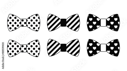 Stylish collection of six black and white bow ties featuring various patterns, vector illustration for fashion branding, formal wear design, accessory graphics, and professional vector design 
