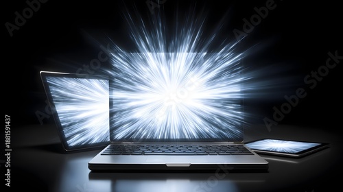 Wallpaper Mural scene depicting ideas launching as radiant shapes from devices Torontodigital.ca