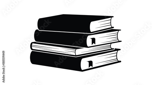 Solid black silhouette of a stack of four hardcover books with bookmarks represents knowledge and academic study.