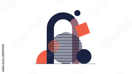 Abstract minimalist composition features an archway, a square, and circles in a balanced layout using primary colors.