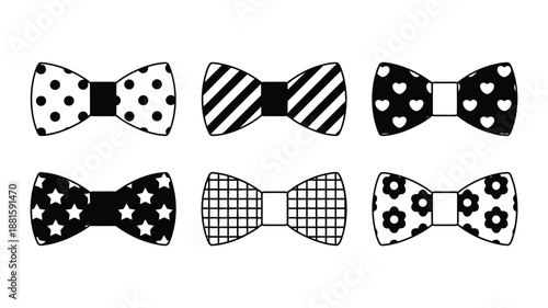 Stylish collection of six black and white bow ties with diverse patterns, vector illustration set for fashion design, formal wear, accessories, branding, and professional graphic projects.