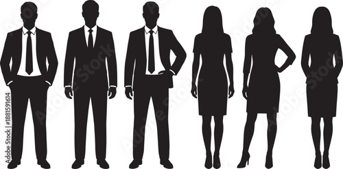 Professional business team silhouettes of successful diverse corporate men and women in formal suits standing together on white background for leadership and teamwork concepts