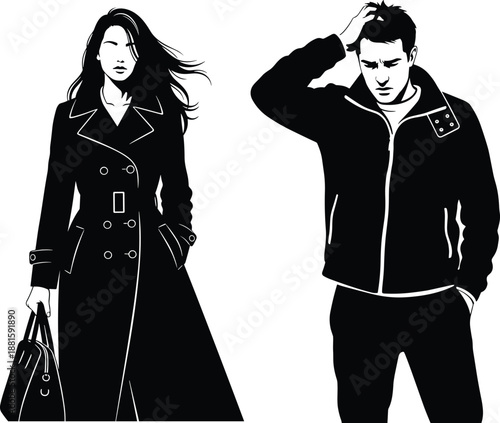 Fashion couple silhouette illustration, stylish man and woman wearing coats, modern urban people artwork, black and white isolated design