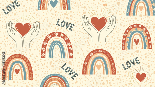 Bohemian seamless pattern showcases rainbows, hands holding hearts, and Love text on a textured cream background.