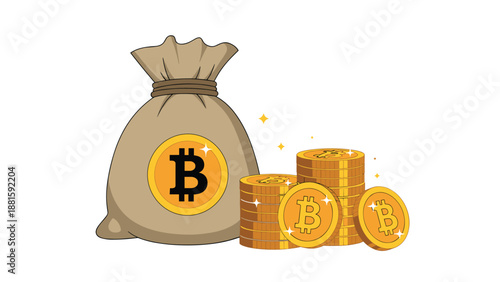 Large brown sack with a bitcoin symbol stands next to several stacks of golden crypto coins and sparkling light effects.