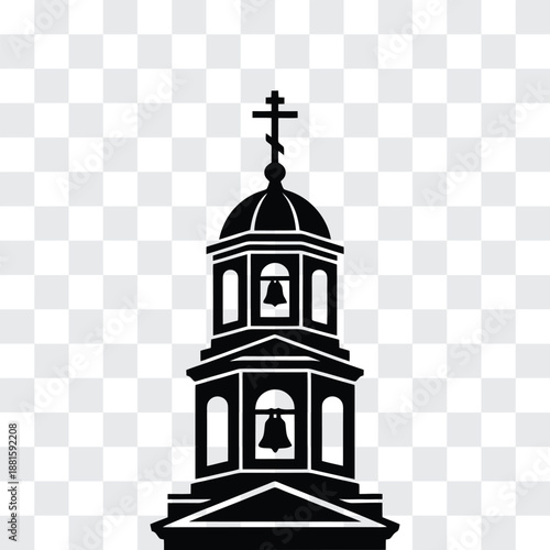 Orthodox Bell Tower Silhouette with Arched Openings and Cross Historic Church Architecture