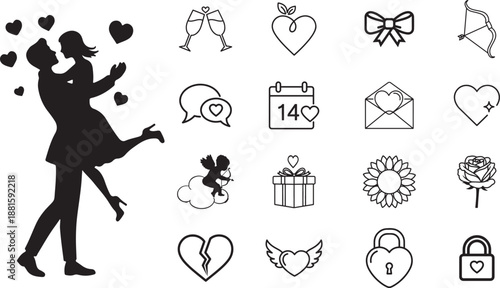Romantic Love Icons Set – Valentine’s Day, Hearts, Couples, Gifts, Cupid, Flowers, Padlocks & More