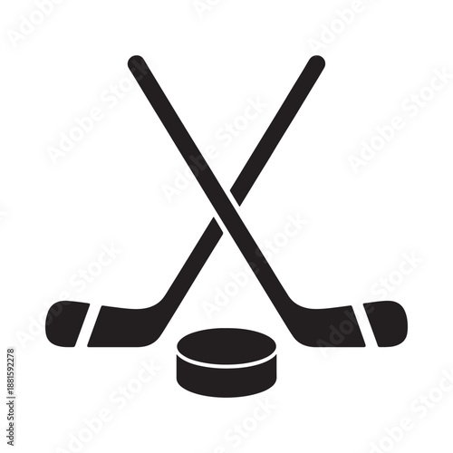 A simple black icon showing crossed hockey sticks and a puck