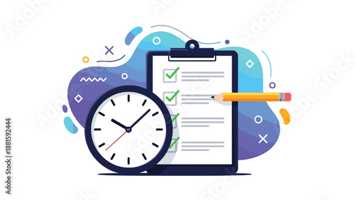 Project management concept features a clipboard with a checklist, a pencil, and a large clock on a blue background.