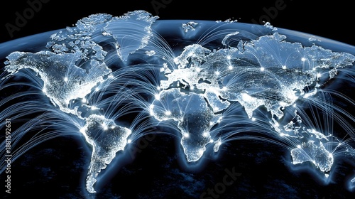 connection scene with abstract world map and flowing network lines