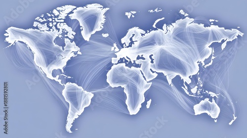 connection scene with abstract world map and flowing network lines