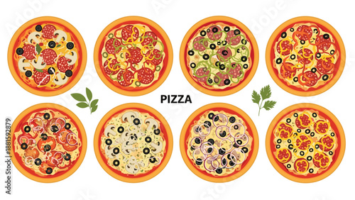 Top-down view of a collection of eight delicious pizzas with different toppings like pepperoni, mushrooms, and olives.