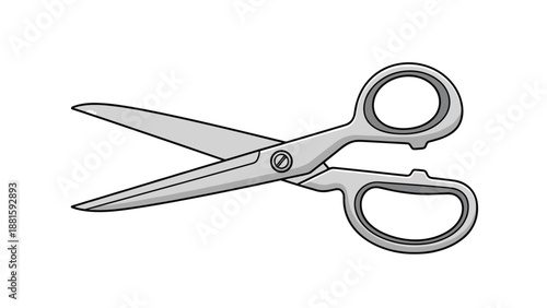 Pair of classic metal tailor scissors with silver blades and grey handles is shown open against a plain background.