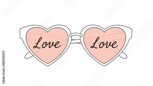 Fashionable heart-shaped sunglasses with pink lenses feature the word Love written across each lens in script font.