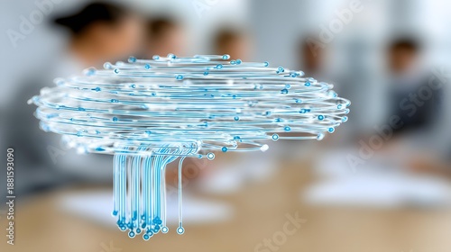 intelligence brain composed of data streams hovering above a conference table with executives