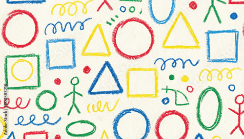 Funky crayon drawn geometric shapes and lines. Colorful pencil or chalk drawn naive Swiss design aesthetic. Basic geometric shapes, dots, playful pattern, primitive forms and figures