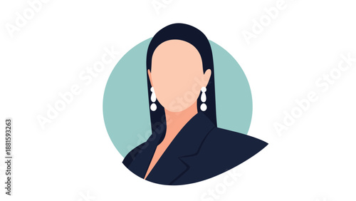 Stylized portrait icon of a professional woman wearing dark formal attire and elegant pearl earrings in a circular frame.