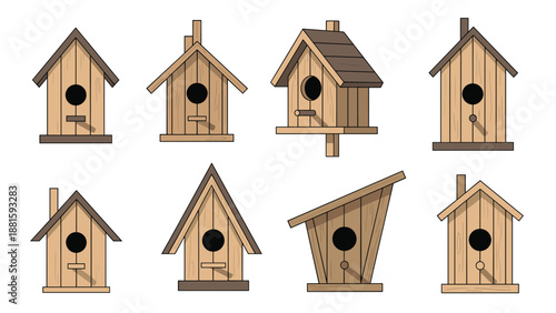 Diverse collection of wooden birdhouses in various styles and shapes designed for garden decoration and wild bird nesting.