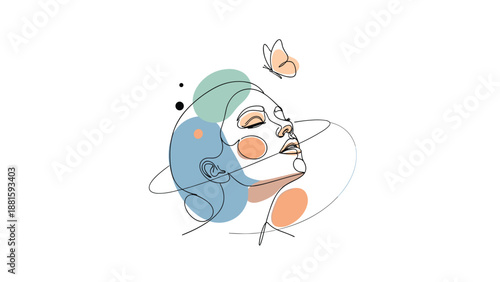 Artistic line drawing of a woman face looking up with abstract shapes and a butterfly in a minimal aesthetic style.