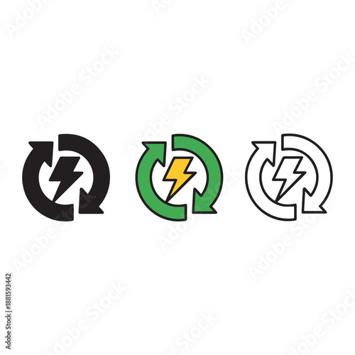 Circular arrow symbols with lightning bolts in black green and white