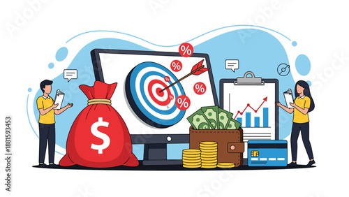 Business professionals working together to reach financial goals with a target, money bag, and data charts illustration.