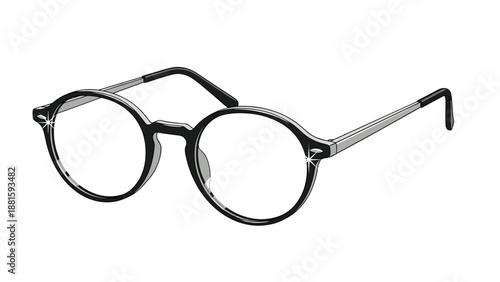 Classic round eyeglasses with black frames and silver temples isolated on white background representing vision and style.