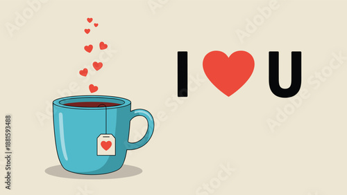 Romantic illustration of a blue tea cup with heart shaped steam and i love you text for a special valentines day gift.