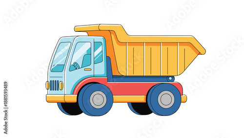 Colorful toy dump truck for children with a yellow bin and blue cab used for creative and educational construction play.