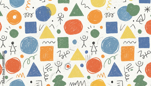 Funky crayon drawn geometric shapes and lines. Colorful pencil or chalk drawn naive Swiss design aesthetic. Basic geometric shapes, dots, playful pattern, primitive forms and figures