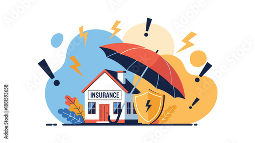 Insurance concept for home protection featuring an umbrella, a shield, and a house amidst storm warning symbols.