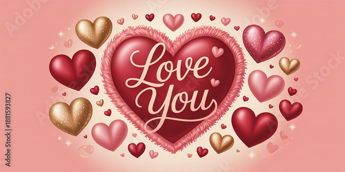 Festive Valentine's Day featuring a large red fluffy heart with Love You