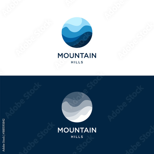 Creative simple mountain hills logo template. Mountain hills peak summit with circle shape. Landscape logo design vector illustration.