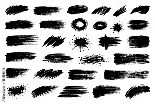 Collection of black grunge brush strokes and splatter designs.