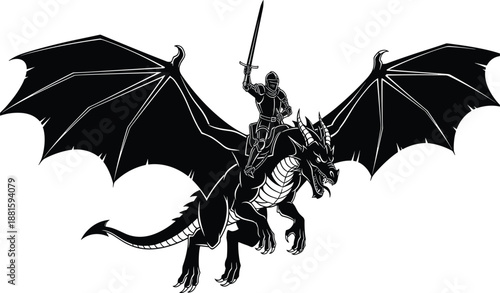 Knight riding fierce dragon silhouette, fantasy warrior with sword, mythical beast with wings, heroic adventure, medieval legend, epic battle scene vector