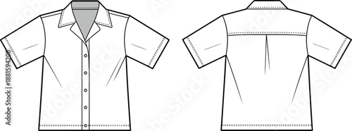 Men short sleeve shirt technical flat CAD drawing vector illustration, front back view apparel design template for fashion production branding