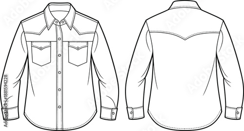 Men western long sleeve shirt technical drawing, front and back view, fashion apparel template, casual garment outline vector illustration