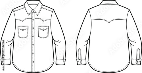 Men western style shirt technical drawing, front and back view, fashion apparel template, long sleeve garment outline vector illustration
