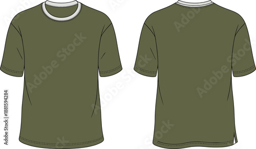 Olive green short sleeve t-shirt front and back view, round neck, fashion apparel design, cad drawing flat vector illustration