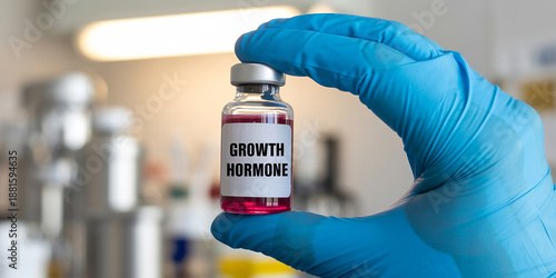 Hand in blue glove holding a small glass vial with red liquid labeled growth hormone Keywords: growth hormone, vial