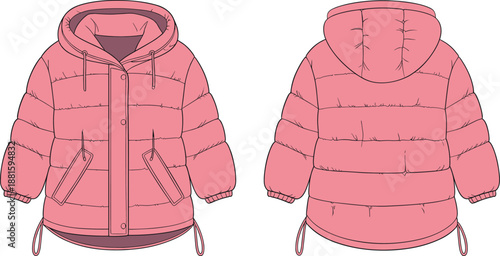 Puffer jacket technical sketch, cad drawing, flat vector illustration, fashion design, hood detail, quilted pattern, front and back view