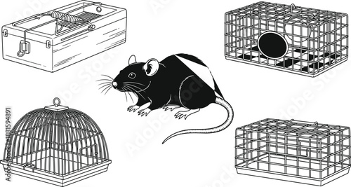 Rat and trap illustration, pest control vector, cad drawing, flat design, mouse cage, snap trap, rodent capture tools, black and white sketch