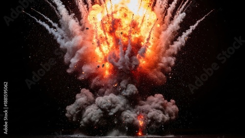 Fiery explosion with dark smoke and glowing embers against a black background, creating a dramatic scene of destruction and chaos.